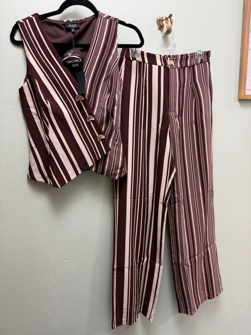 Striped Two-Piece Vest & Trousers Set - Brown/Cream